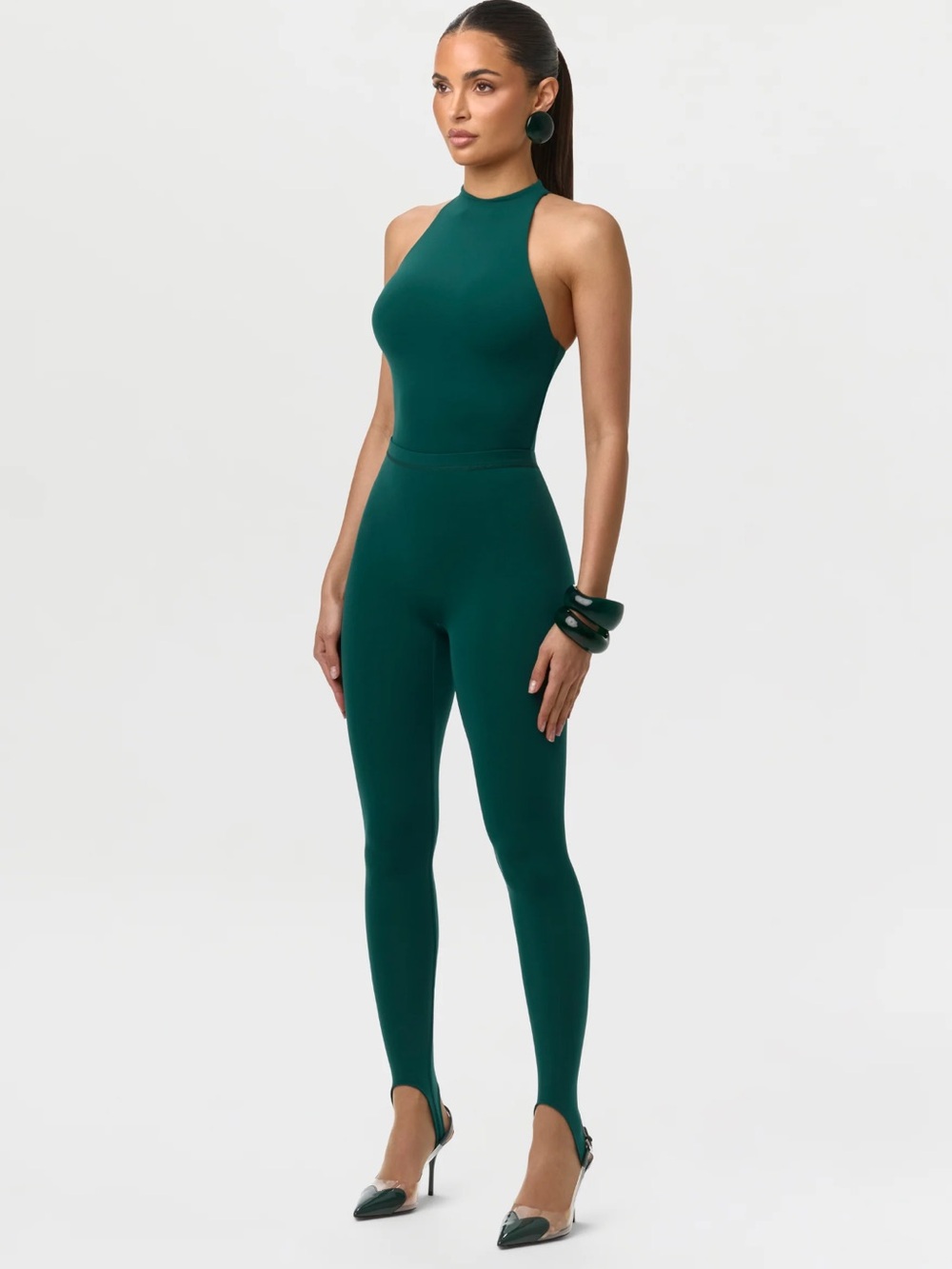 Naked Wardrobe Sleeveless High-Neck Green Set : Bodysuit & Stirrup Legging